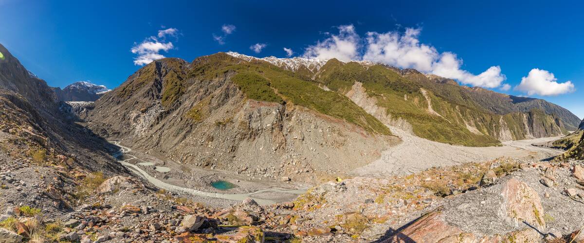 Mountain view of the glacier river and valley at Fox Glacier, West Coast, New Zealand