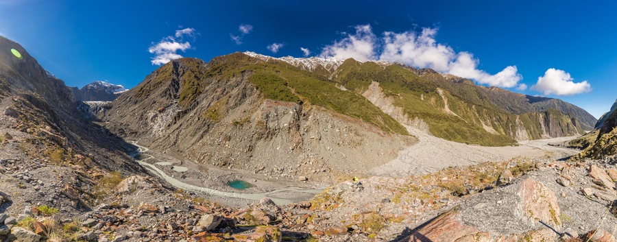 Mountain view of the glacier river and valley at Fox Glacier, West Coast, New Zealand