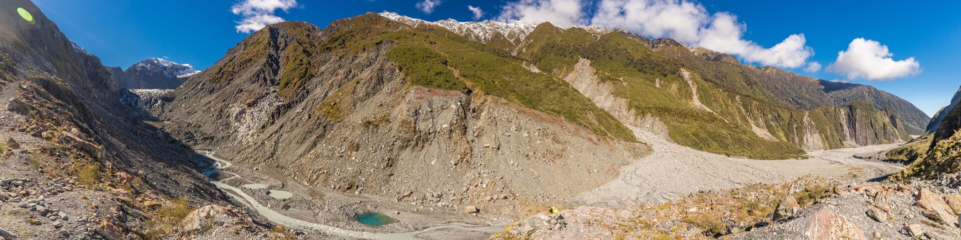 Mountain view of the glacier river and valley at Fox Glacier, West Coast, New Zealand