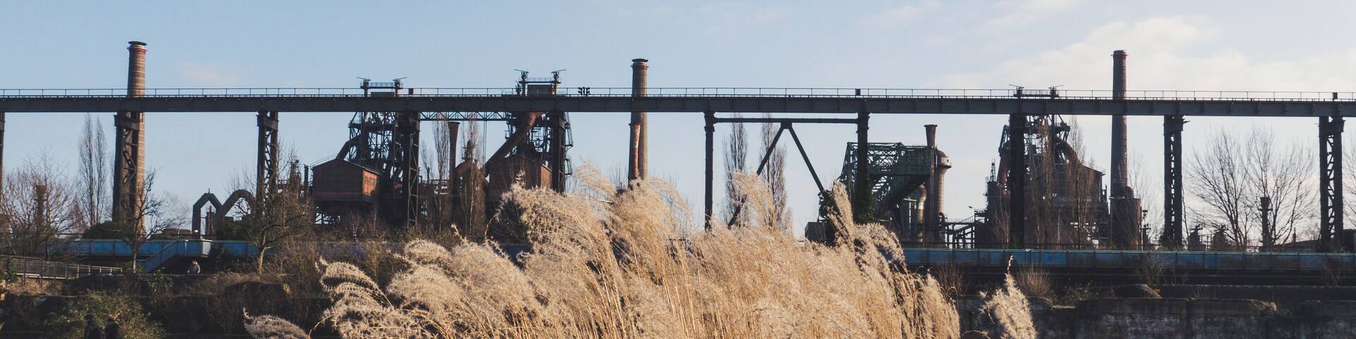 A bridge with industrial structures, a grassy field, and tall grasses in the foreground.