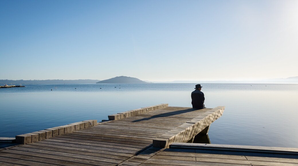 Man sitting on the boardwalk at lakefront of Lake Rotorua. Mokoia Island in the distance. Rotorua.