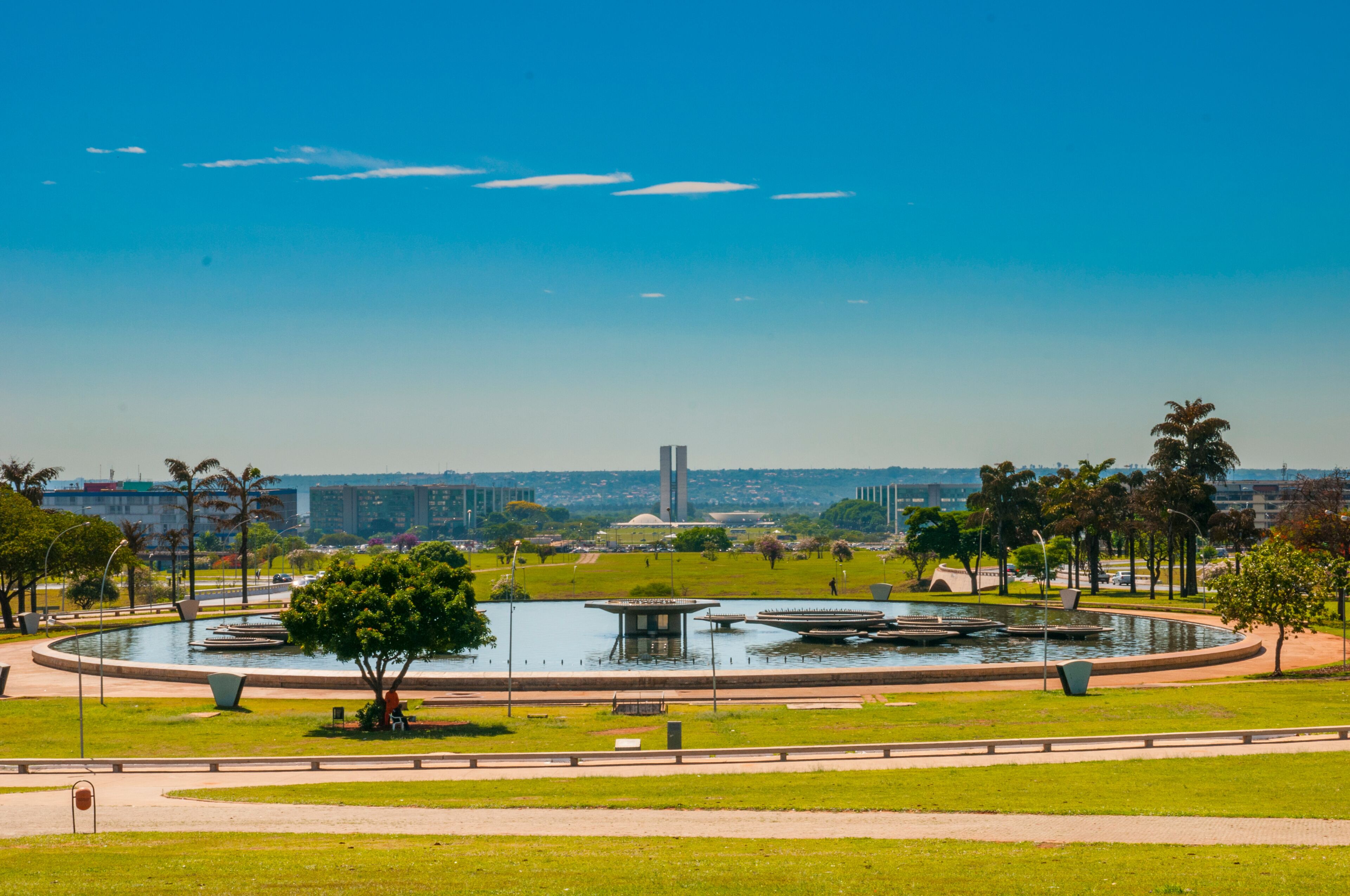 A park with a central fountain, palm trees, and a distant monument.