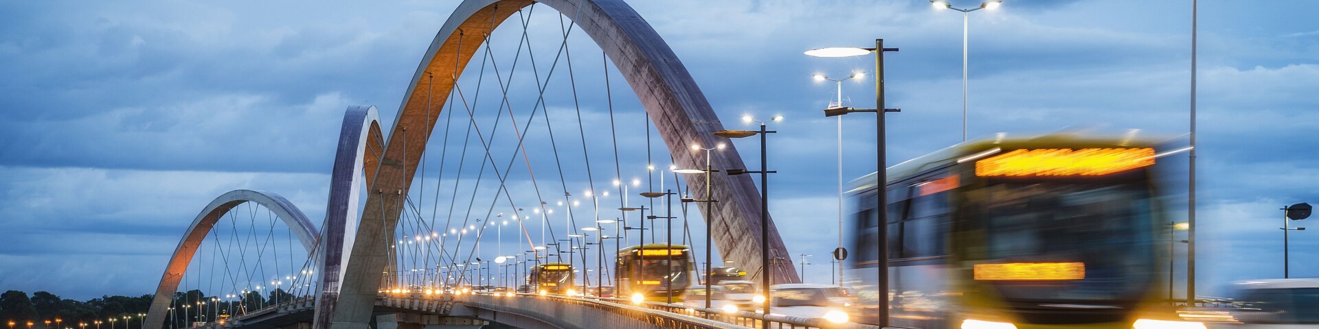 Traffic on JK Bridge at dusk in Brasilia, Federal District, capital of Brazil.