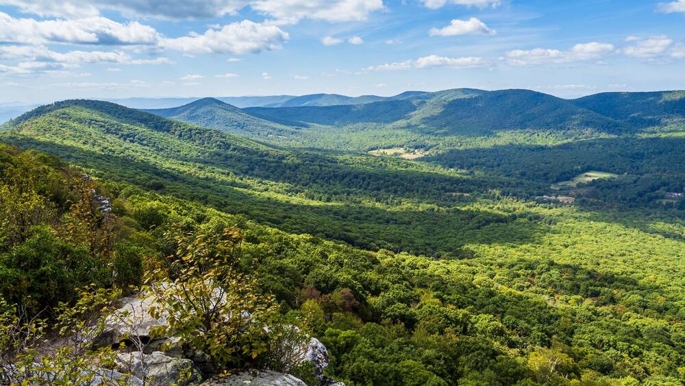 The beautiful wilderness with wooded mountains with rocks in the foreground as seen from Big Schloss via Wolf Gap Trail on the border between West Virginia and Virginia.