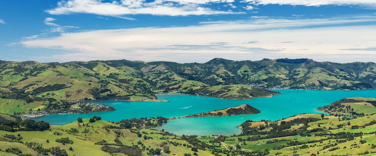 Scenic Landscape View of Akaroa Harbour on Banks Peninsula. Akaroa Canterbury South Island New Zealand