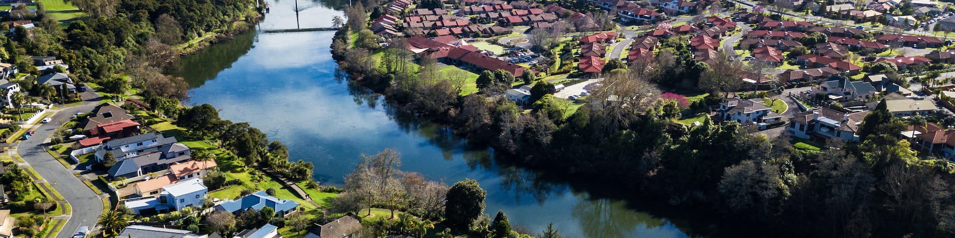 Aerial view of the Waikato River looking North towards Flagstaff in Hamilton, New Zealand