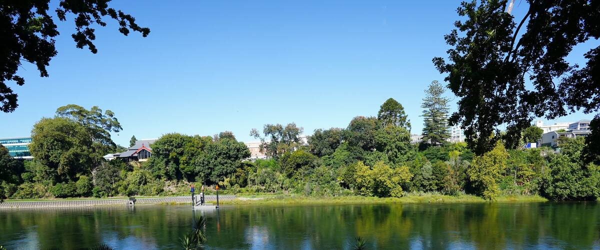 The Waikato River flowing through central Hamilton