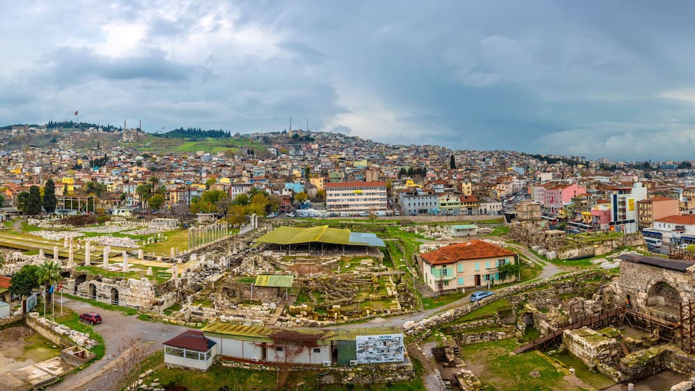 Agora Ancient city of Smyrna and Izmir City panoramic view in Turkey
