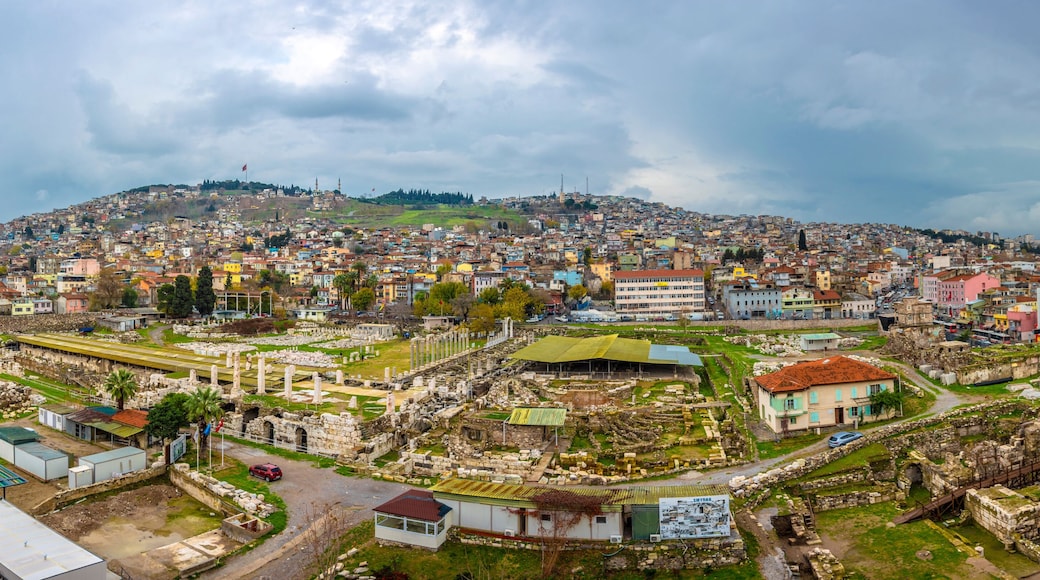 Agora Ancient city of Smyrna and Izmir City panoramic view in Turkey