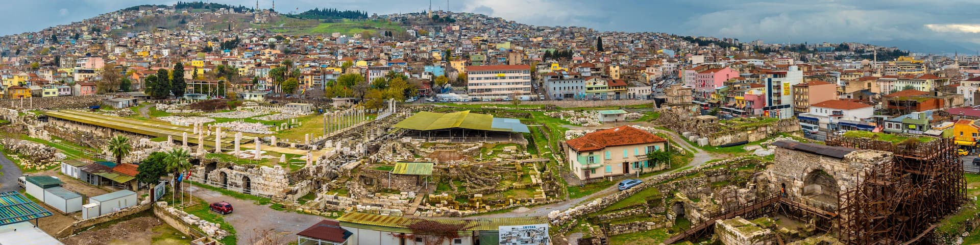Agora Ancient city of Smyrna and Izmir City panoramic view in Turkey