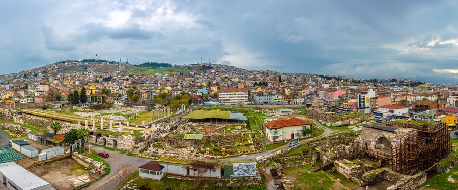 Agora Ancient city of Smyrna and Izmir City panoramic view in Turkey