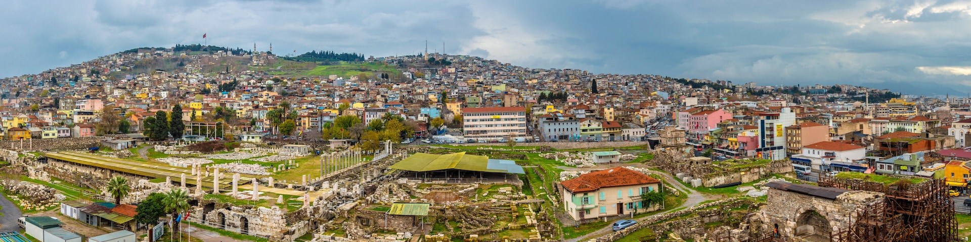 Agora Ancient city of Smyrna and Izmir City panoramic view in Turkey