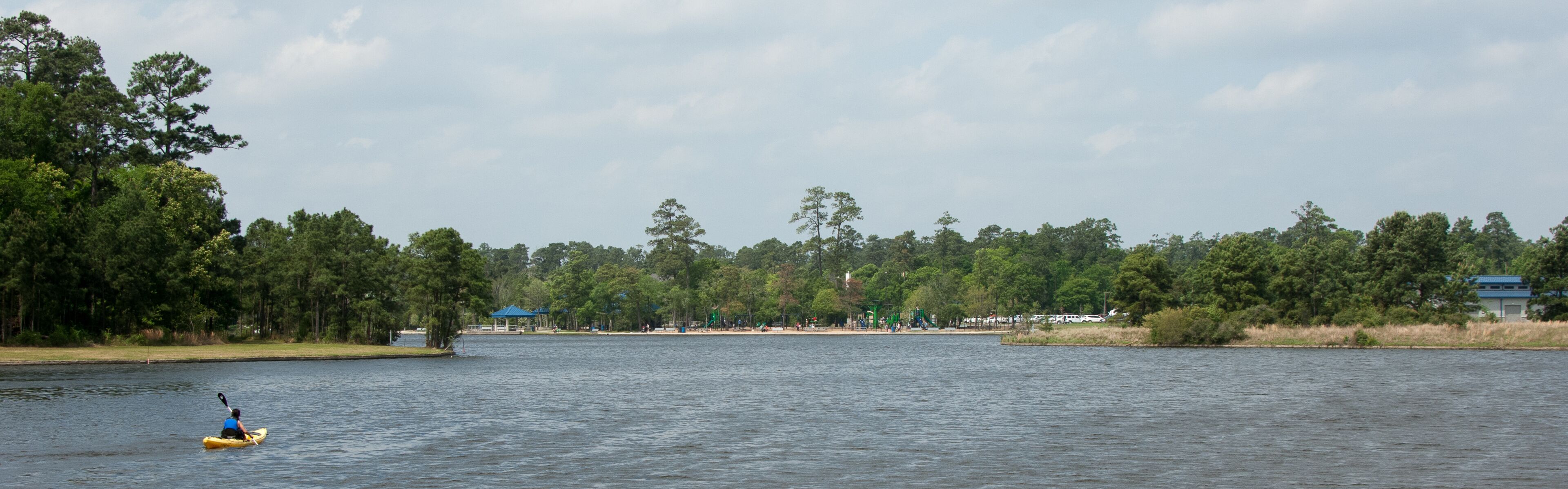 A calm lake with a kayaker, dense trees, and a distant park with structures.