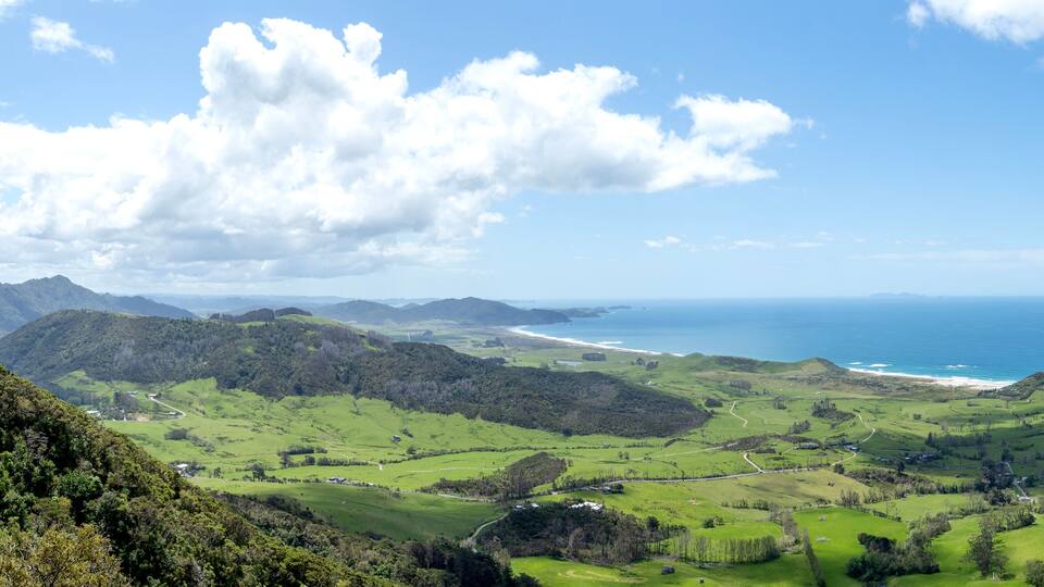 Whangarei Heads: Busby Head Track Trail with View on Mount Manaia, Coastal Cliffs, and Volcanic Landscapes of Northland, New Zealand
