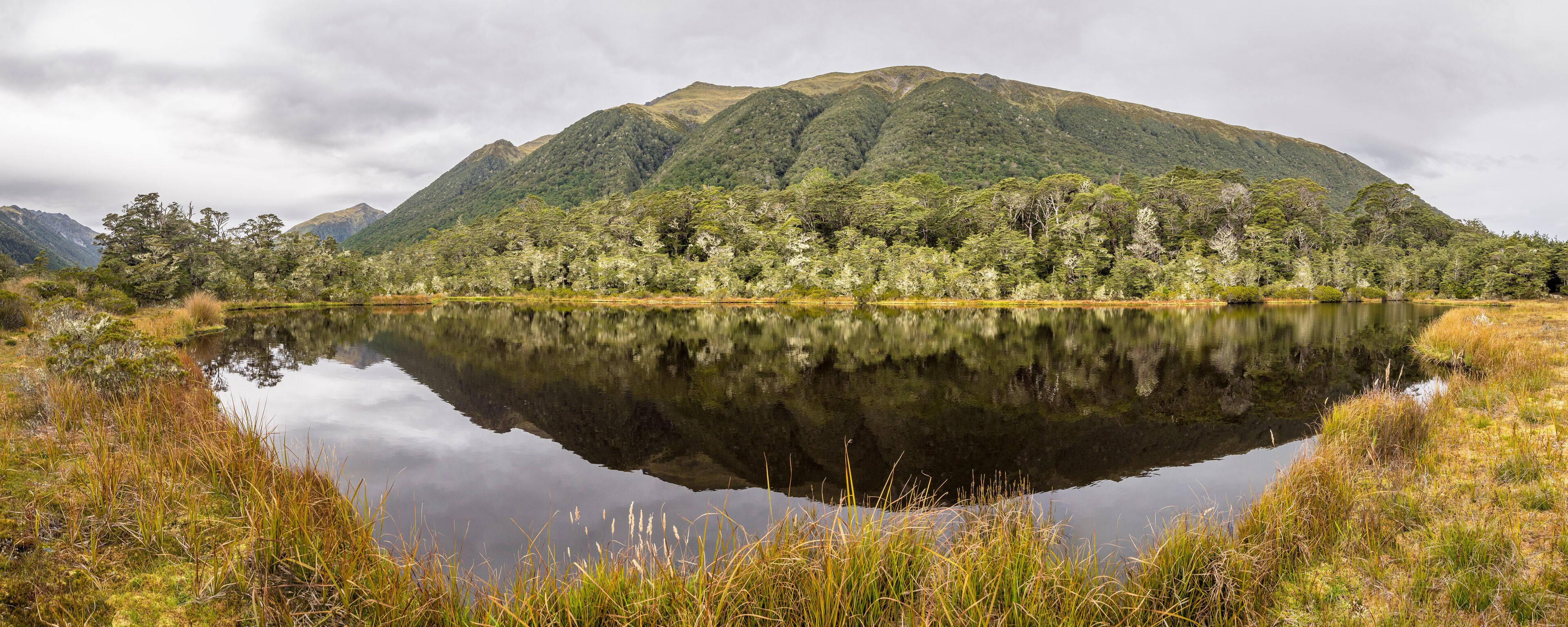 A calm lake reflecting a forested mountain range.