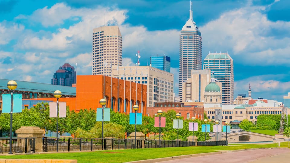 Skyscrapers of Indianapolis skyline, White River State Park, Indiana