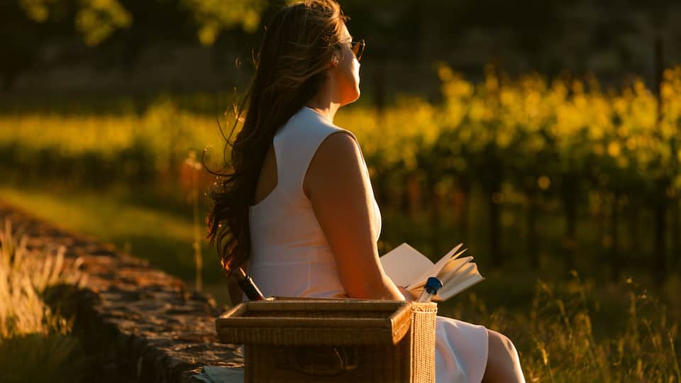 A woman sitting on a bench in a vineyard.