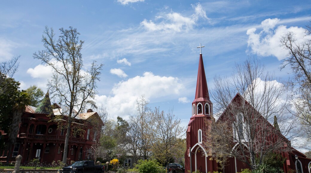 Spring time view of a historic church in downtown Sonora, California, USA.