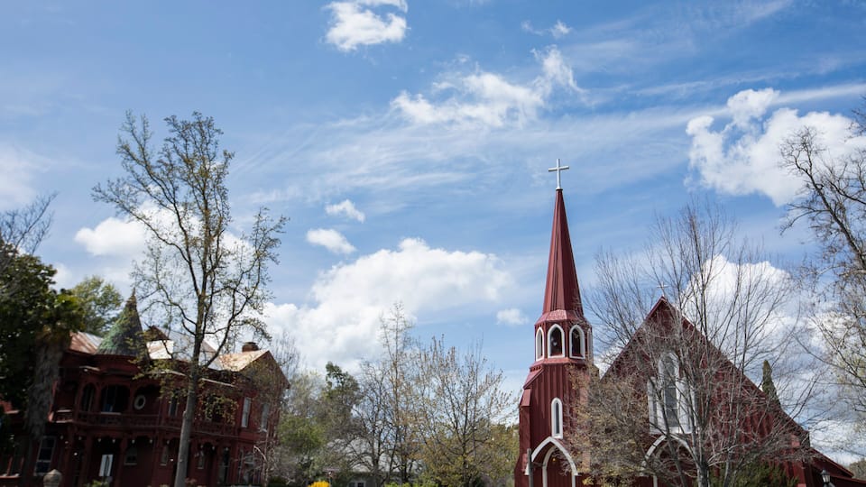 Spring time view of a historic church in downtown Sonora, California, USA.