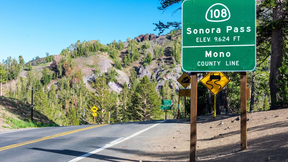 Sonora Pass, elevation 9,624 feet sign on scenic highway 108 in California