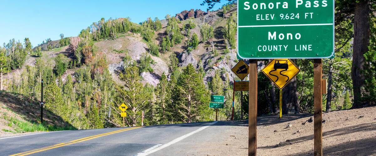 Sonora Pass, elevation 9,624 feet sign on scenic highway 108 in California