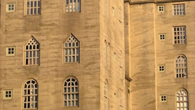 Um edifício grande e histórico com várias janelas em arco e uma girandola bem visível no telhado.