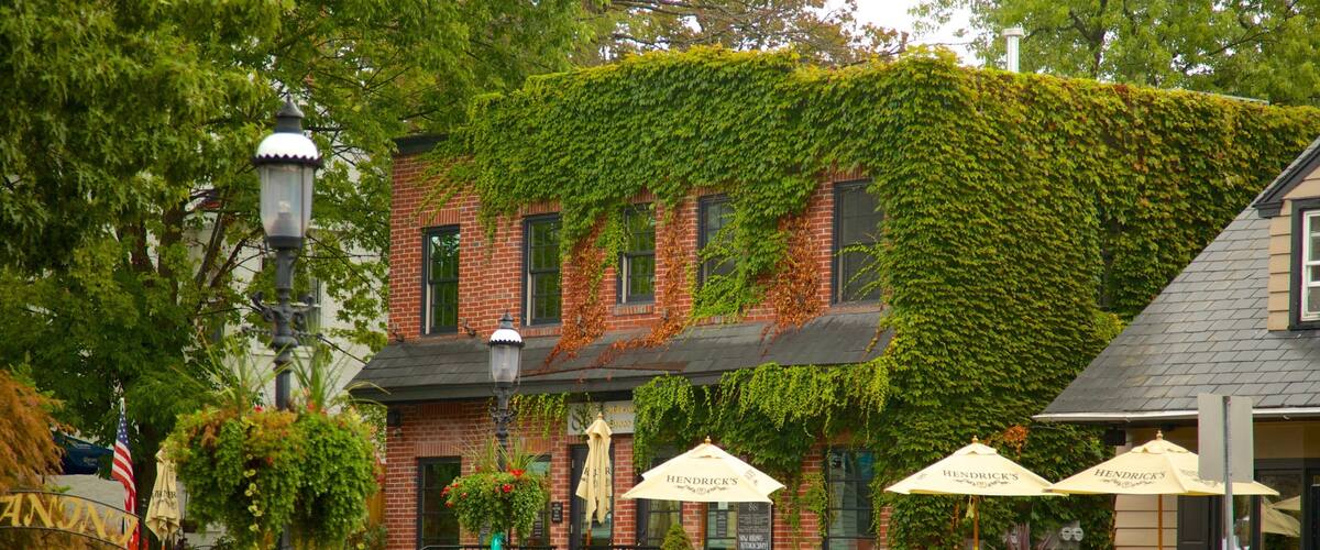 A brick building with ivy covering the upper part, outdoor seating with umbrellas, and a yellow fire hydrant on the sidewalk.