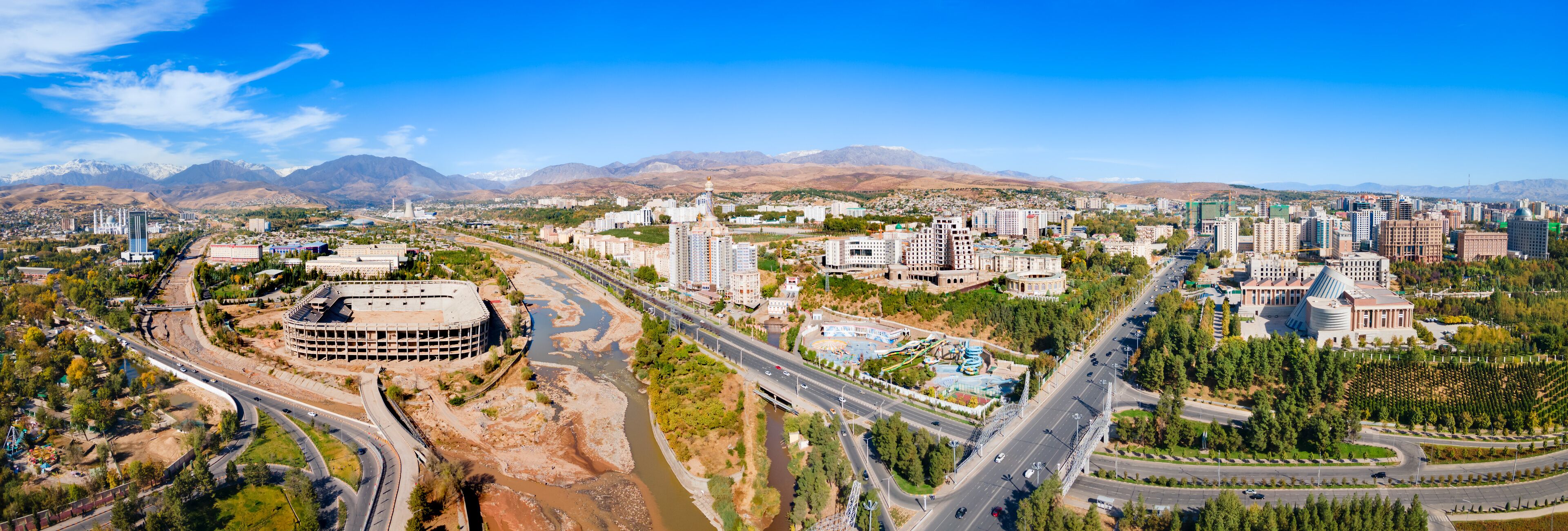 Dushanbe city aerial panoramic view in Tajikistan