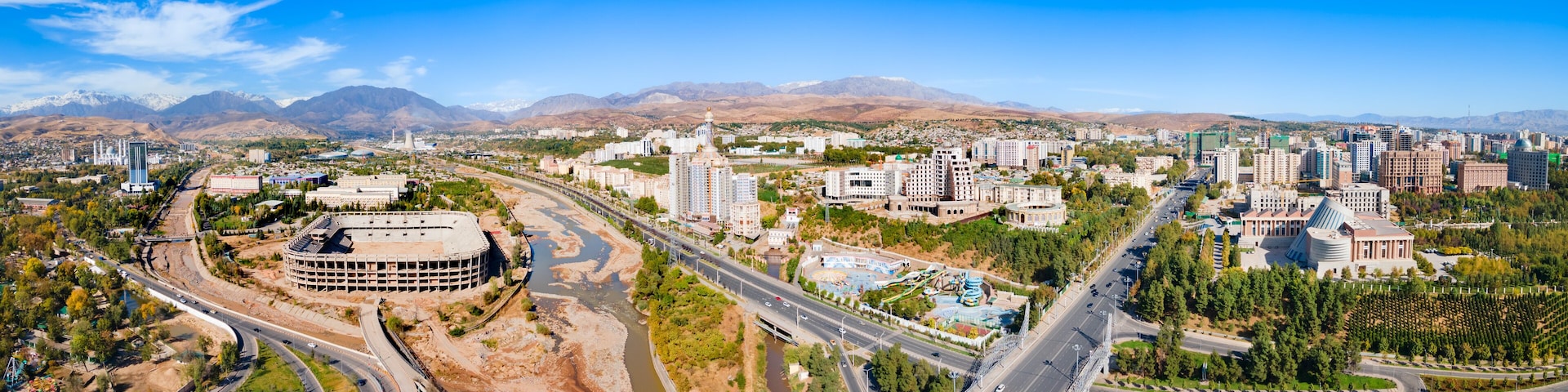 Dushanbe city aerial panoramic view in Tajikistan