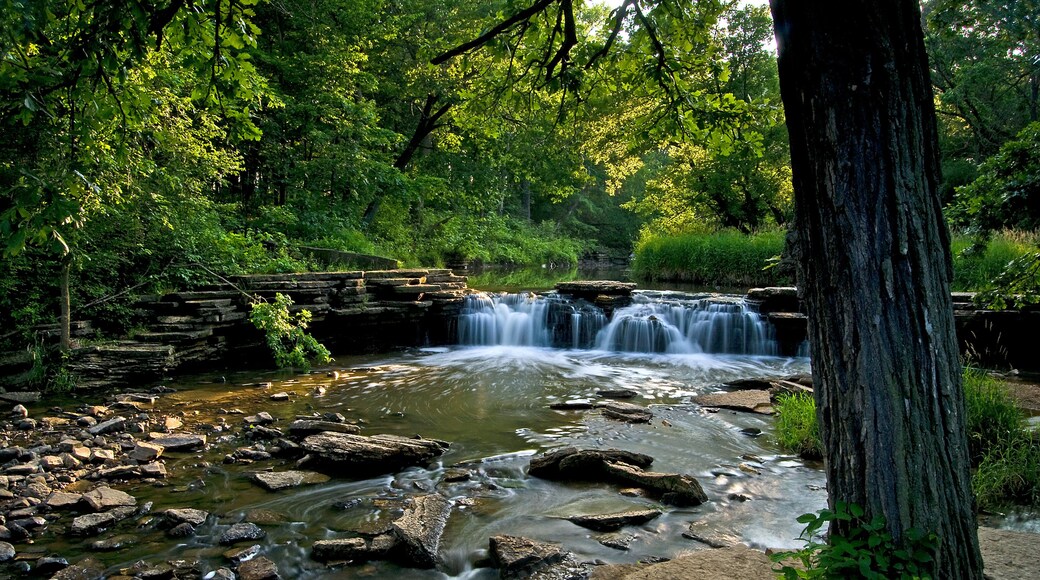 A stream swollen with spring rains spills over a picturesque waterfall.