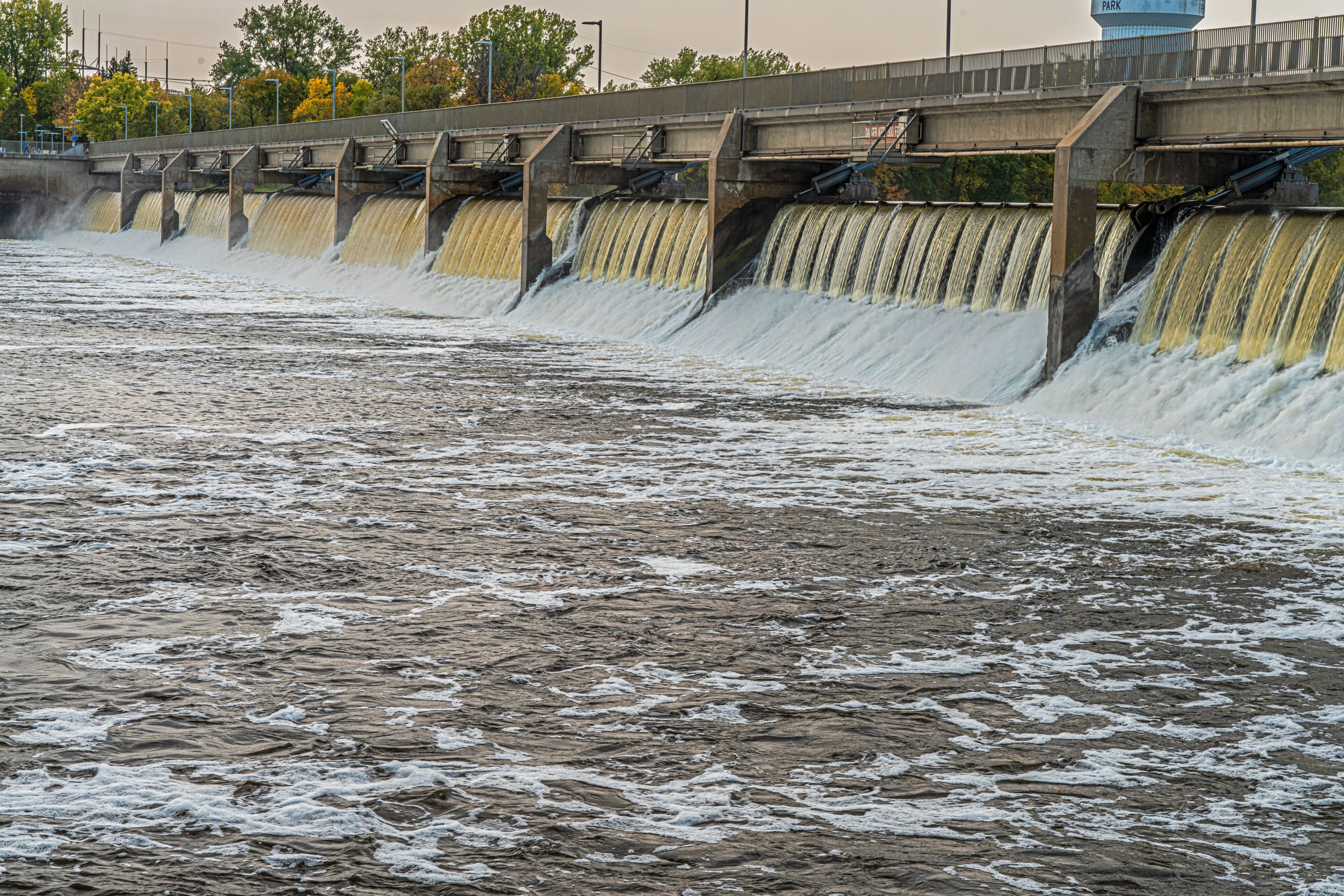 The Coon Rapids Dam in Minnesota on the eastern shore of the Mississippi River was completed in 1914. 
