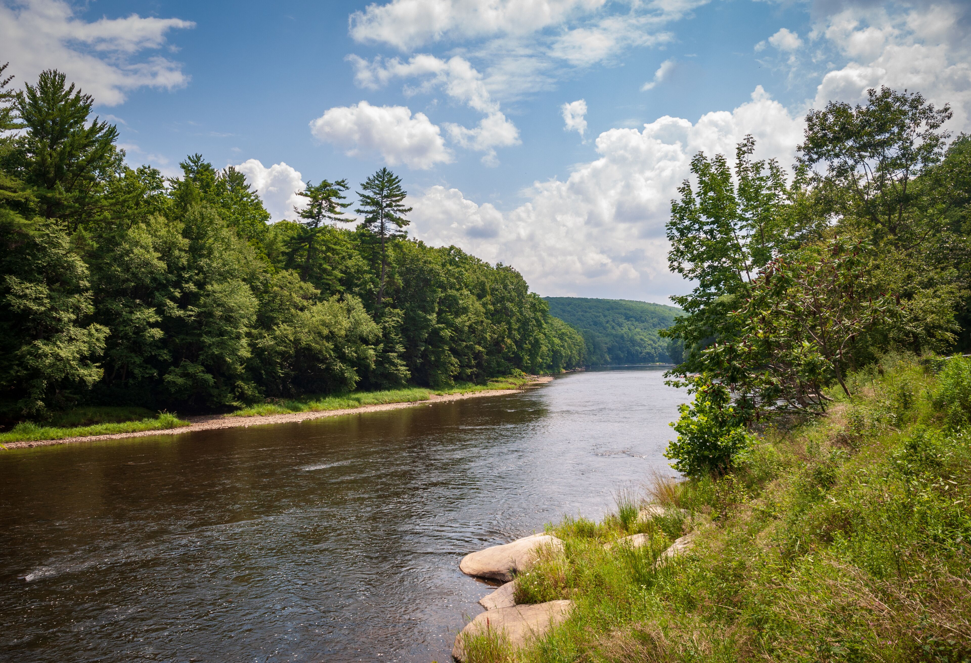 A river flowing through a forested area with a clear sky and scattered clouds.