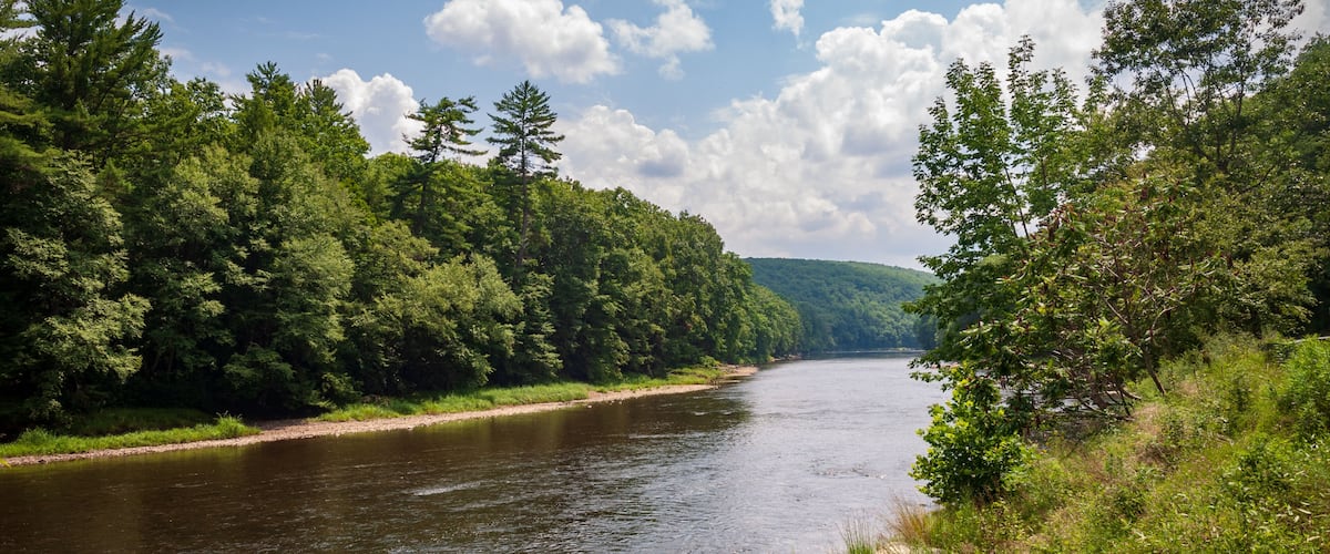 A river flowing through a forested area with a clear sky and scattered clouds.