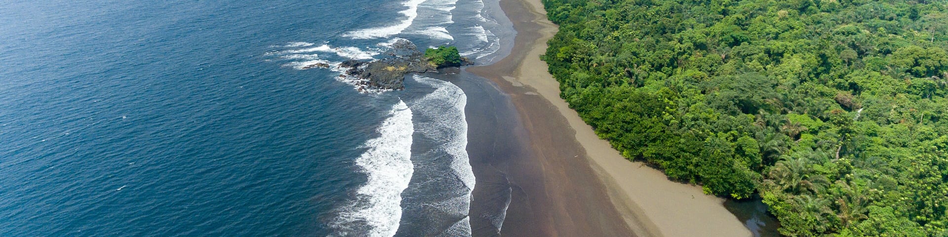 A coastal landscape with a sandy beach, ocean waves, and dense green vegetation.