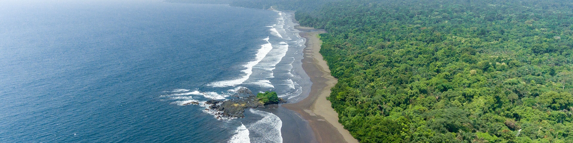 A coastal landscape with a sandy beach, ocean waves, and dense green vegetation.