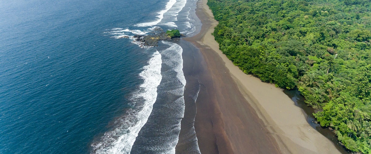 A coastal landscape with a sandy beach, ocean waves, and dense green vegetation.