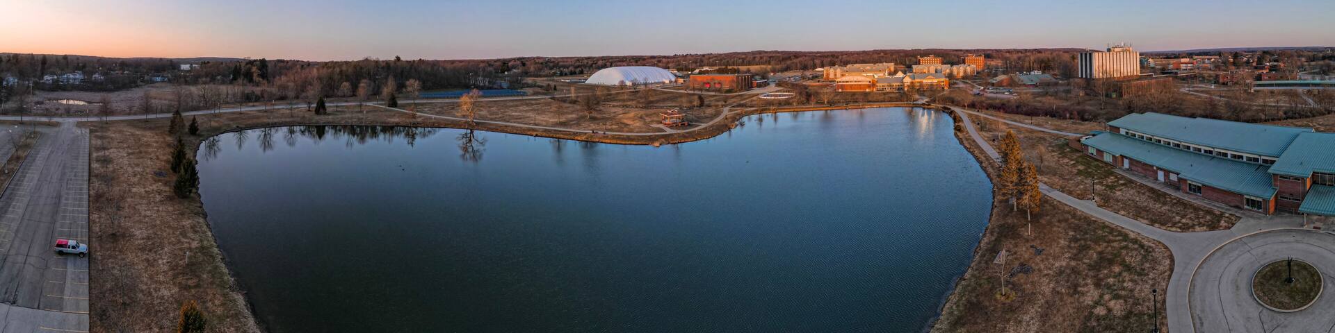 Pano Golden Hour Edinboro lake - aerial