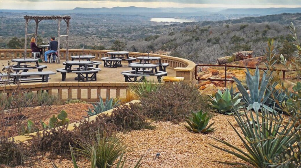 The patio overlooking Inks Lake