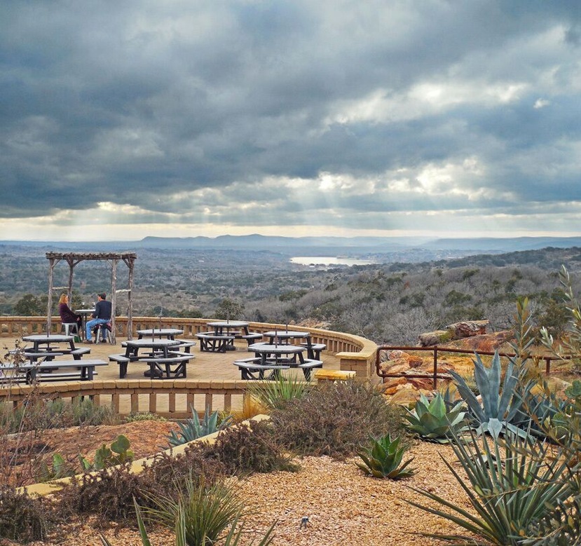 The patio overlooking Inks Lake