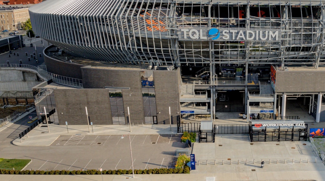 Cincinnati, United States - 18 July 2025: Aerial view of the TQL Stadium, a modern architectural marvel, stands in stark contrast to the city skyline.