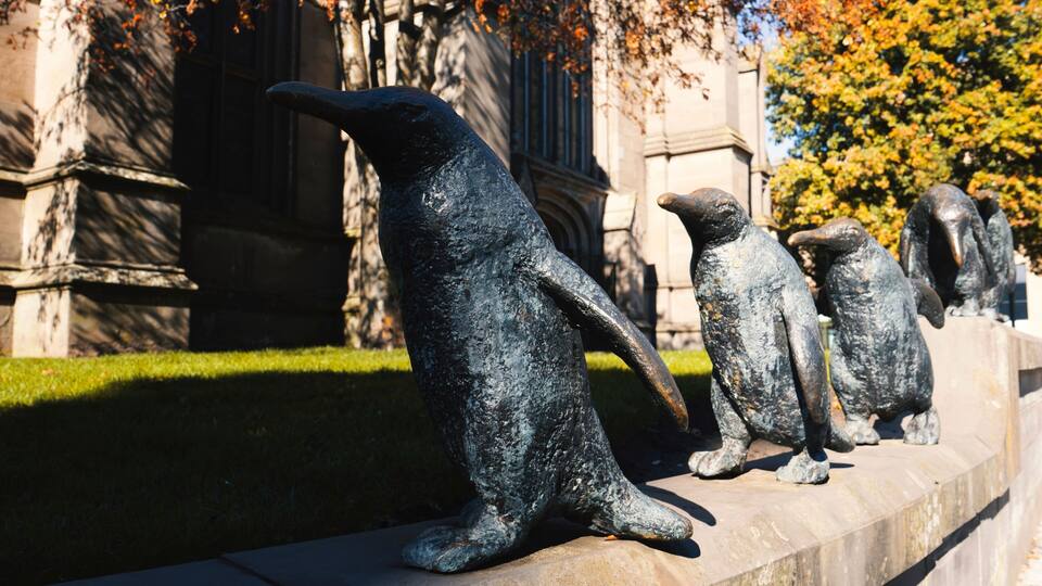 A row of penguin statues on a stone ledge with a building and trees in the background.