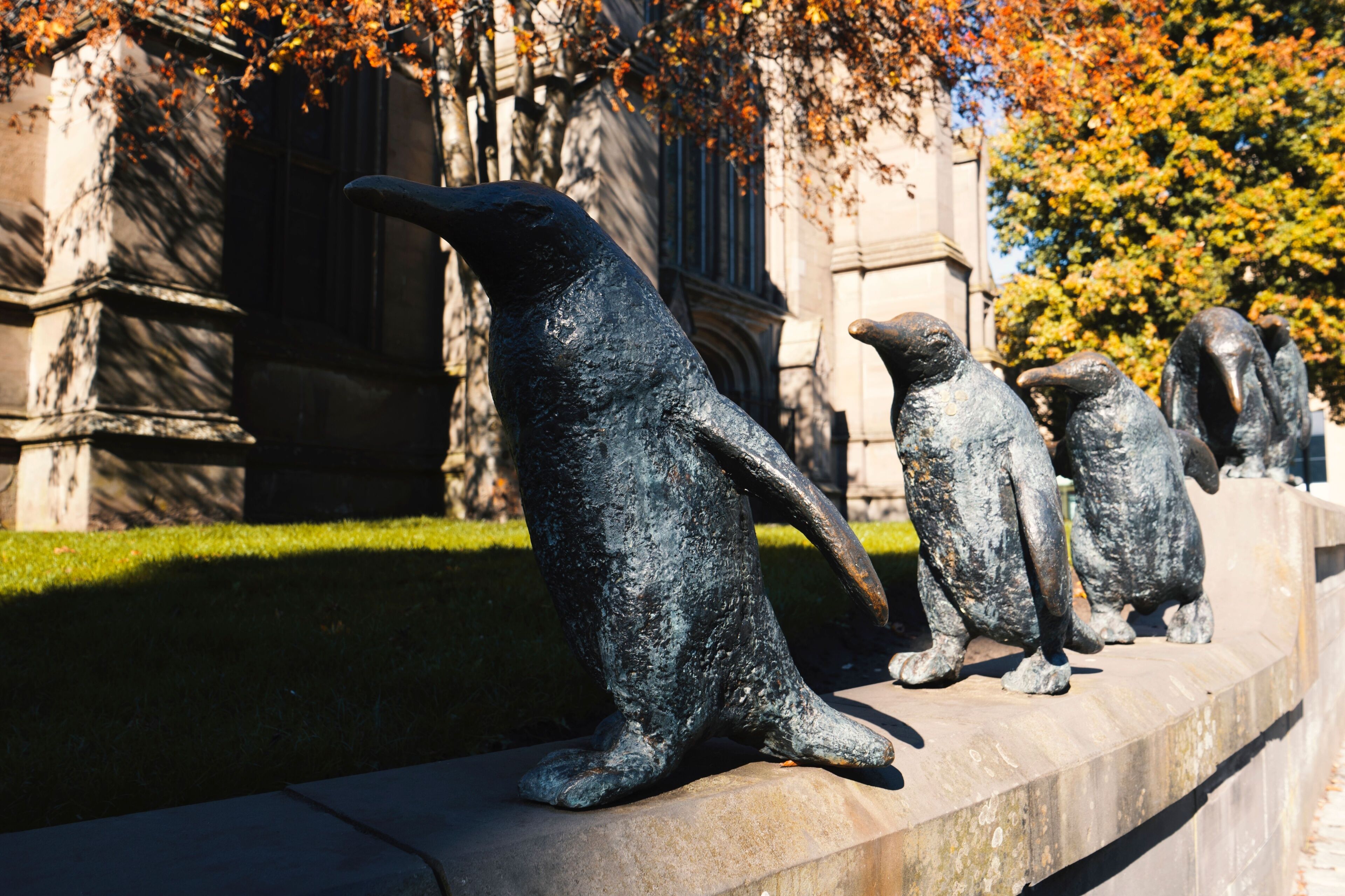 A row of penguin statues on a stone ledge with a building and trees in the background.