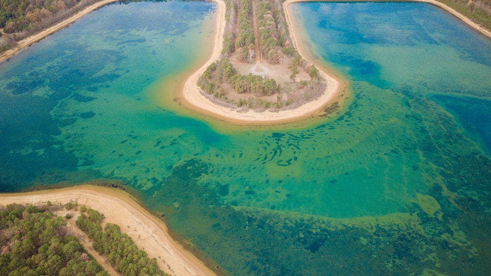 An aerial view of a coastal area with two large bodies of water, a central island, and surrounding forested land.
