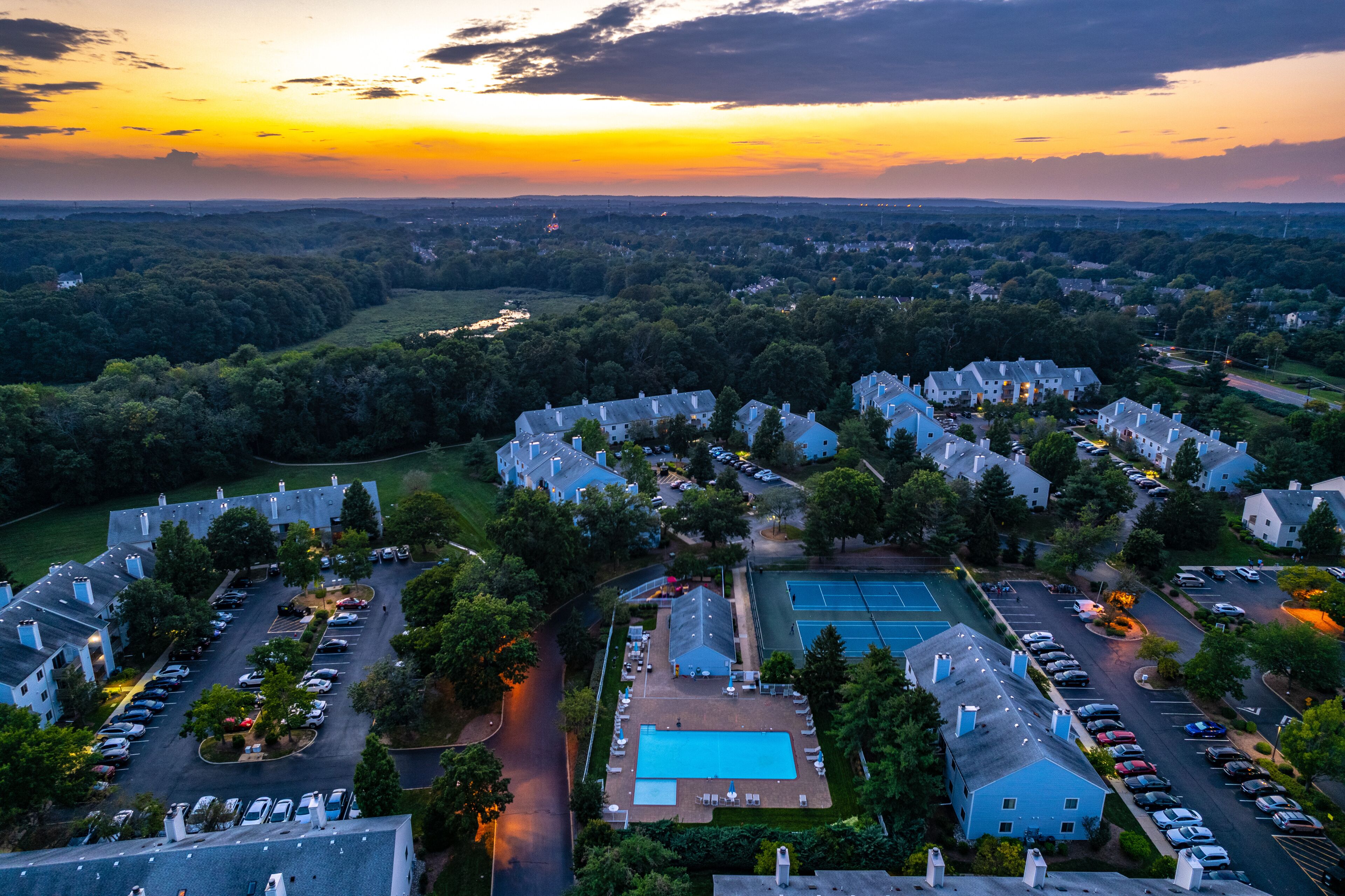 Aerial Drone of Plainsboro Princeton Sunset 