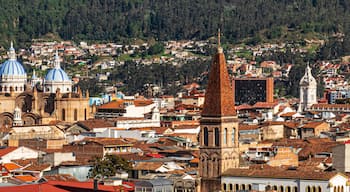 Panoramic view of the historical center of city Cuenca at the valley with its many churches. Ecuador