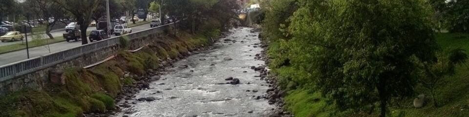Um rio com pedras, uma ponte e árvores.