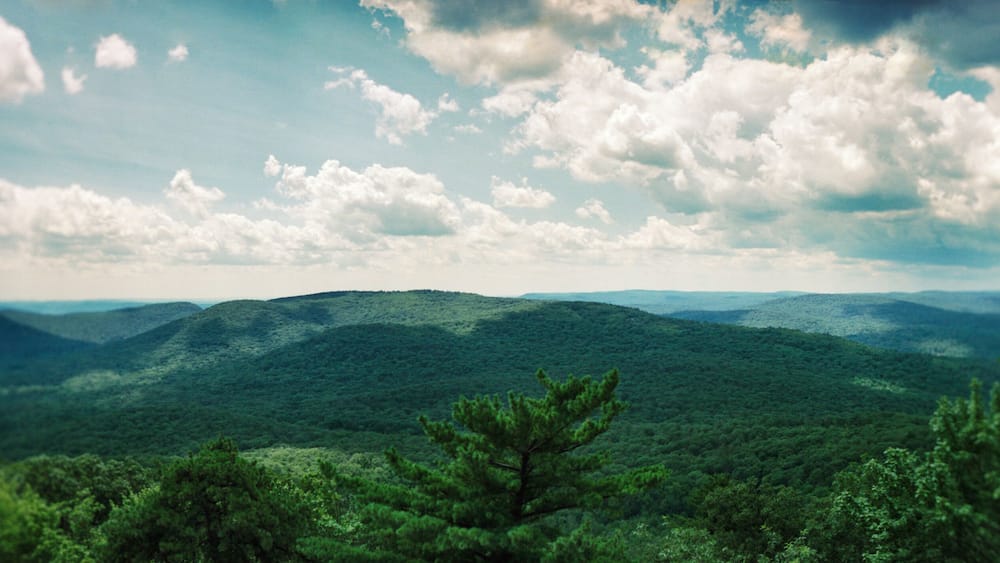 Elevated panoramic view of the Bear Mountain State Park, Hudson River, Rockland County, New York State, USA.