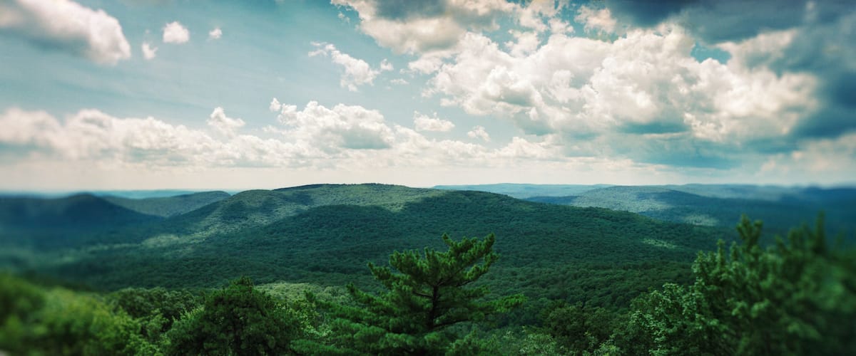 Elevated panoramic view of the Bear Mountain State Park, Hudson River, Rockland County, New York State, USA.