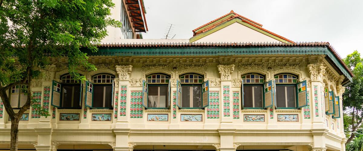 Petain Road corner with colourful shophouses fronts in Singapore