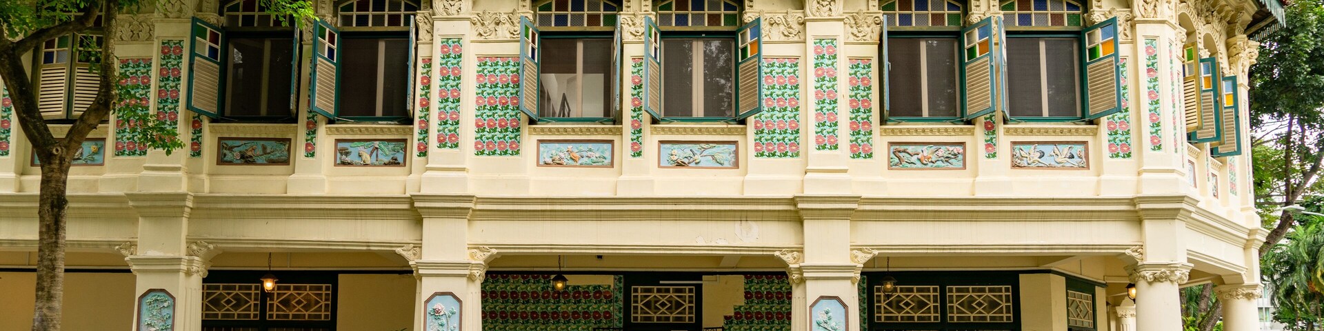Petain Road corner with colourful shophouses fronts in Singapore